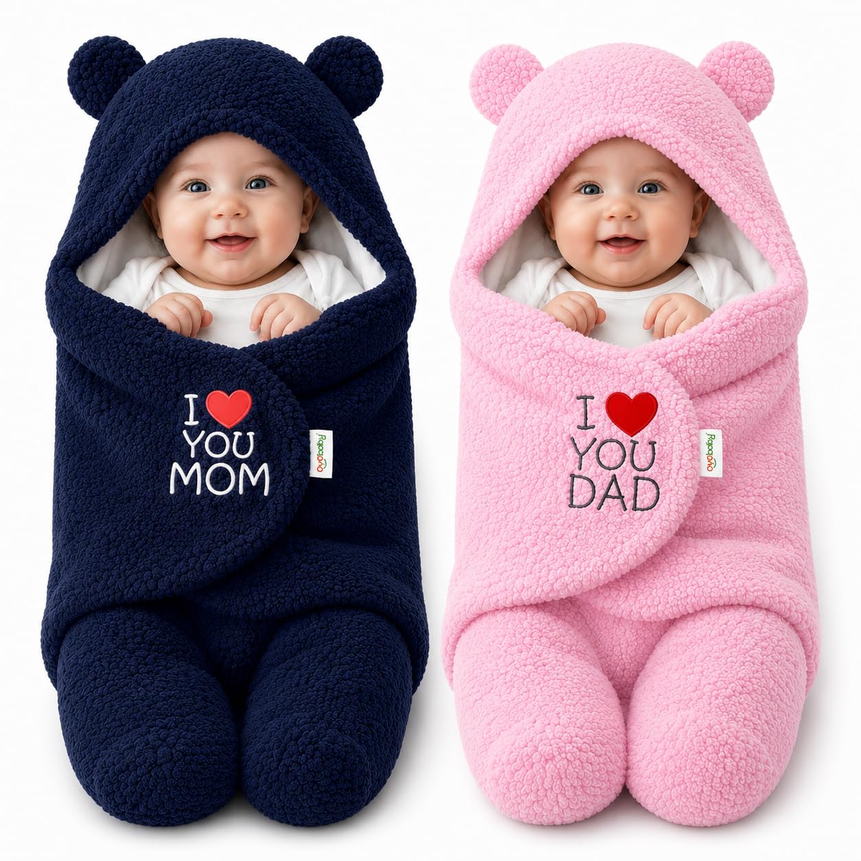 OYO BABY Newborn Hooded Swaddle Blanket Combo – 2 Pcs Sherpa Fleece Wearable Wrap with Bear Ears, I Love You Mom & Dad (0-6 Months, 72x68cm, Dark Blue & Pink)