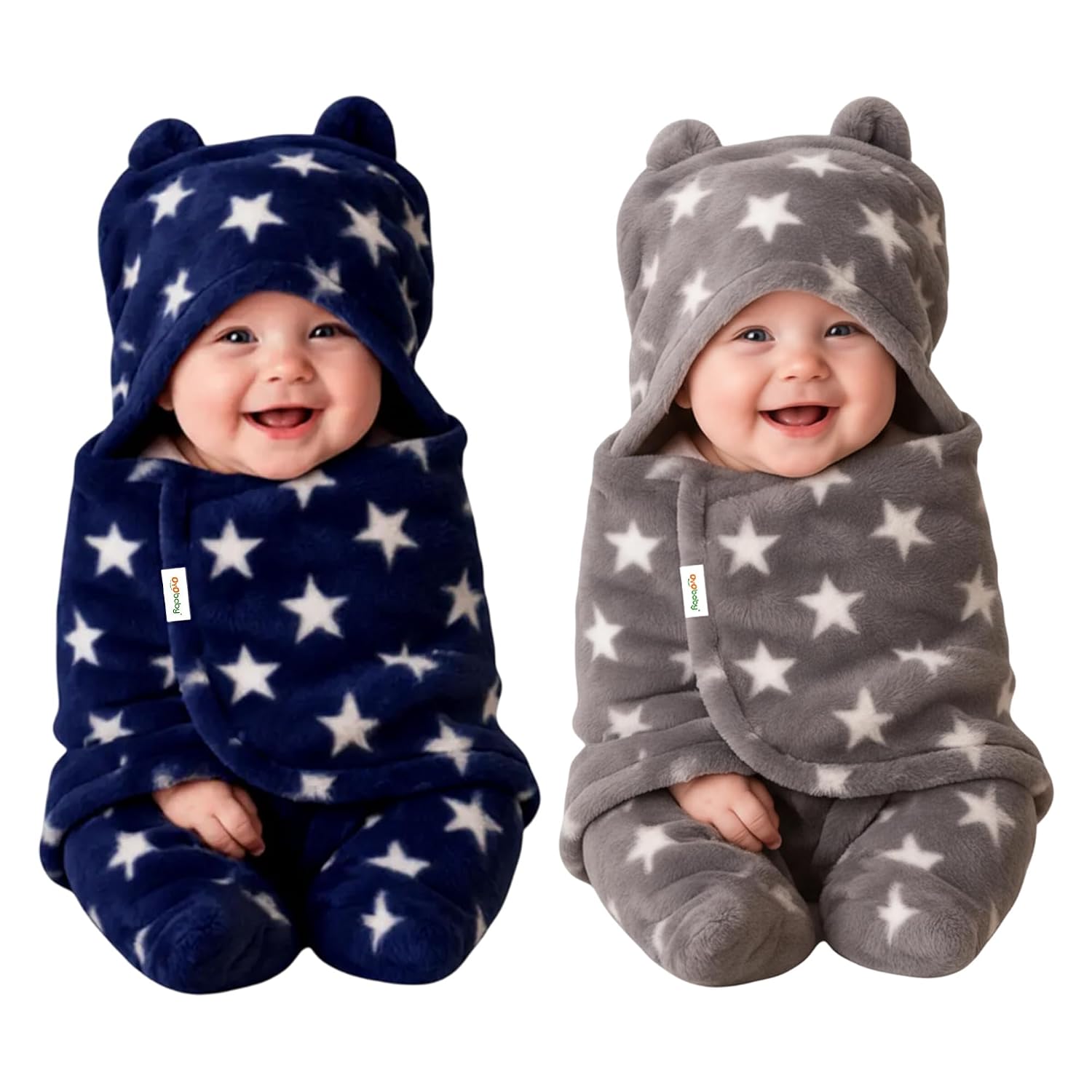 OYO BABY Baby Blanket Newborn Swaddle Wrapper - Ultra Soft Wrap with Hood & Booties, Warm Fleece Sleeping Bag | New Born Baby Essentials, Baby Gift | Star Print, 0-6 Months, 72x68 cm, Dark Blue & Grey