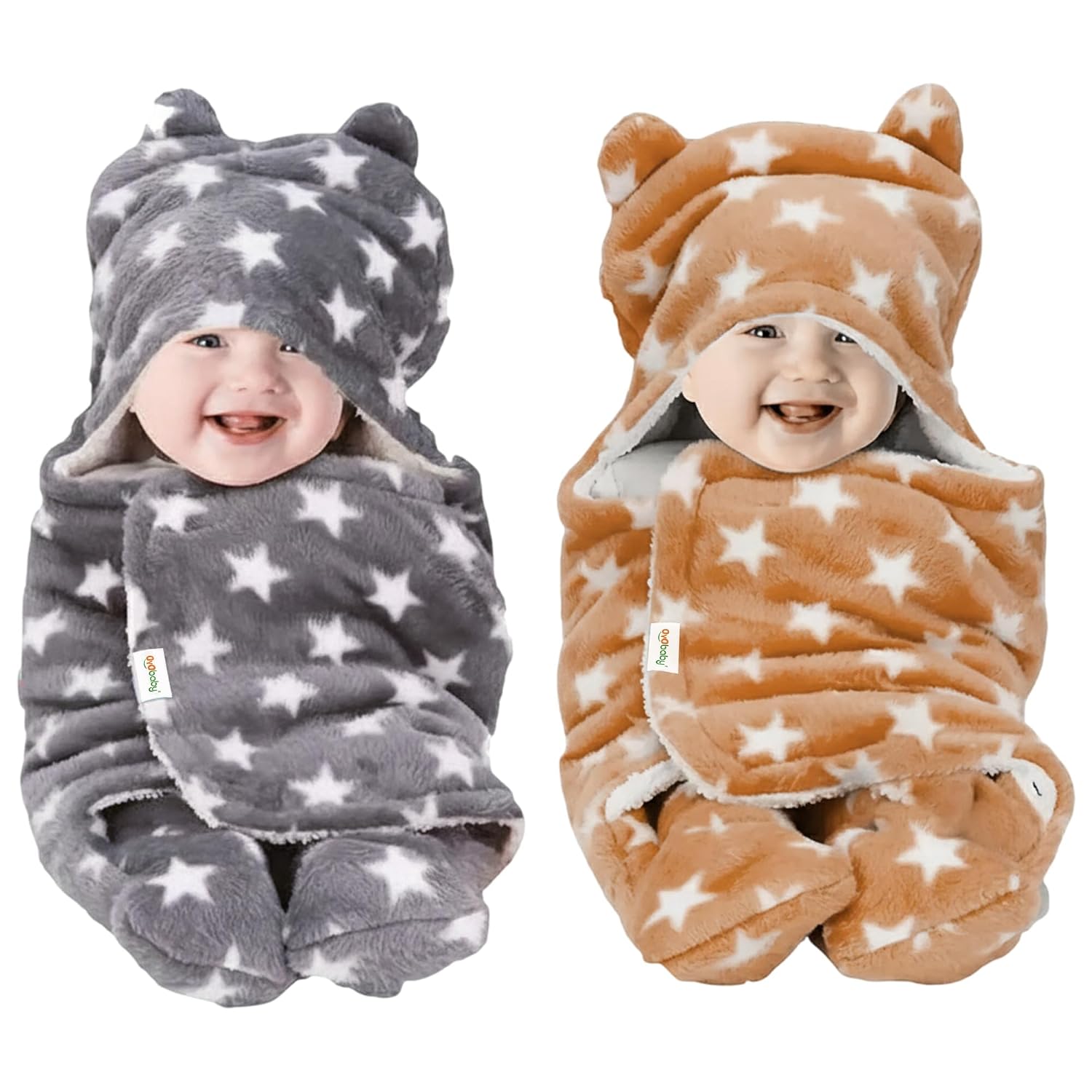 OYO BABY Baby Blanket Newborn Swaddle Wrapper - Ultra Soft Wrap with Hood & Booties, Warm Fleece Sleeping Bag | New Born Baby Essentials, Baby Gift | Star Print, 0-6 Months, 72x68 cm, Beige & Grey
