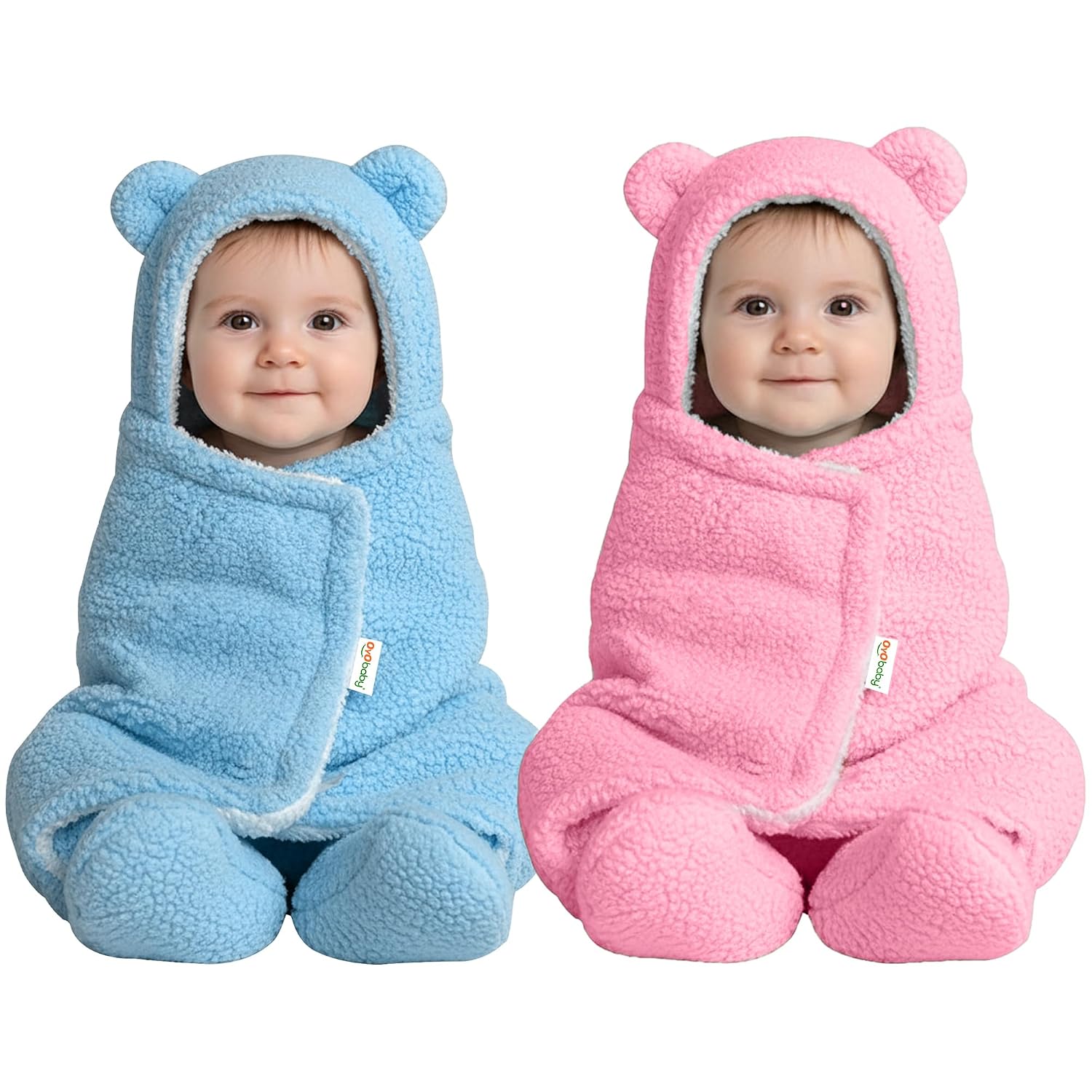 OYO BABY Baby Swaddle Wrap for Newborn | Soft Fleece Wearable Blanket with Hood & Ears | Warm Infant Sleeping Bag (0-6 Months 70 * 68 cm) Pink & Blue