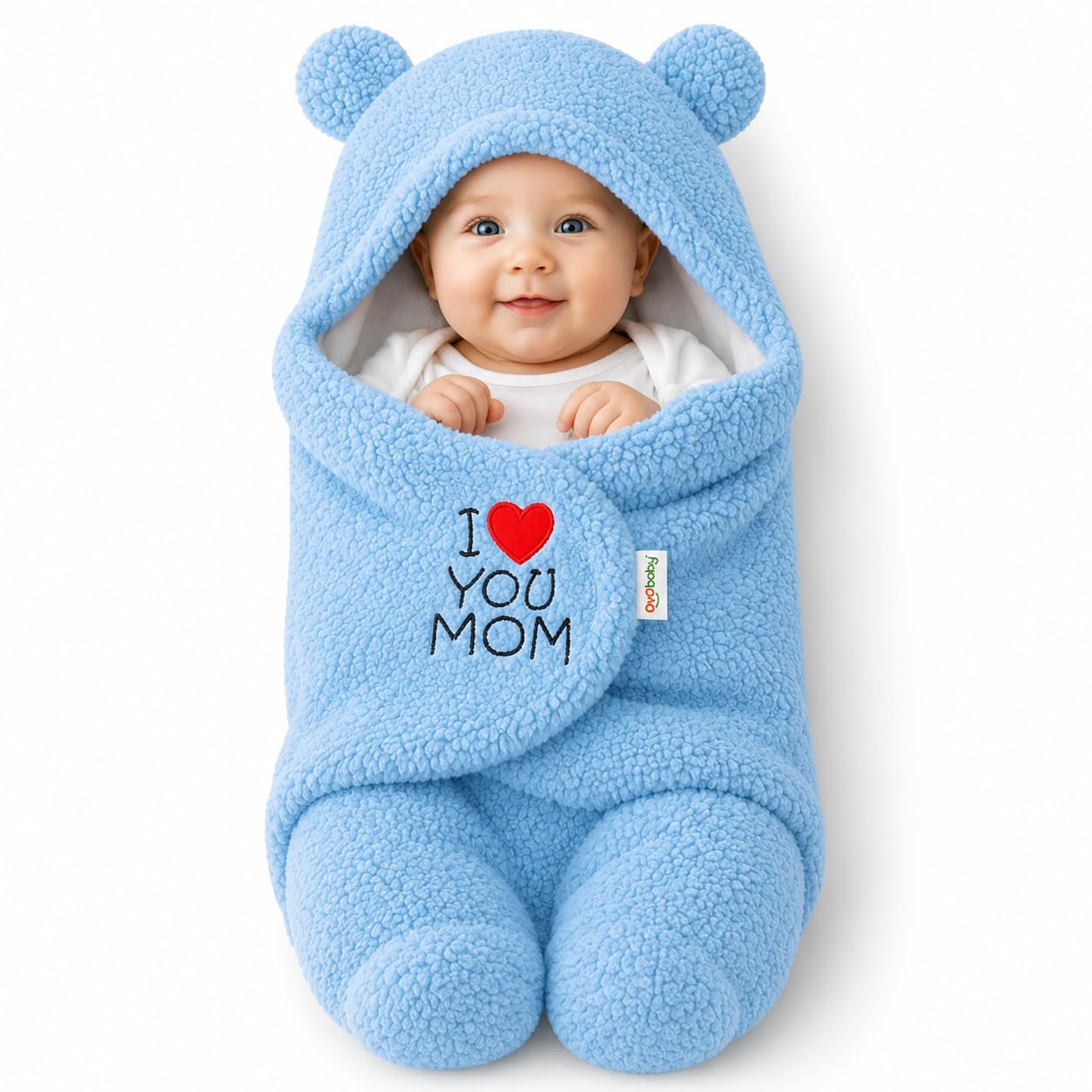 OYO BABY Newborn Baby Hooded Swaddle Wrap – Sherpa Fleece Sleeping Bag with Bear Ears, I Love You Mom Embroidery (0-6 Months, 72x68cm, Blue)