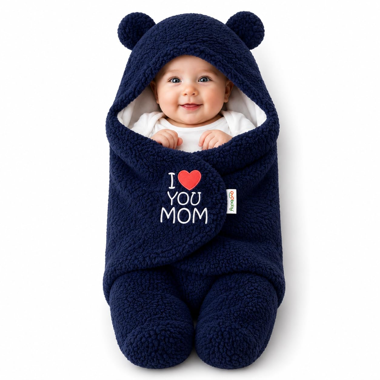 OYO BABY Newborn Baby Hooded Swaddle Wrap – Sherpa Wearable Sleeping Bag Blanket with Bear Ears, I Love You Mom Embroidery (0-6 Months, 72x68 cm, Dark Blue)