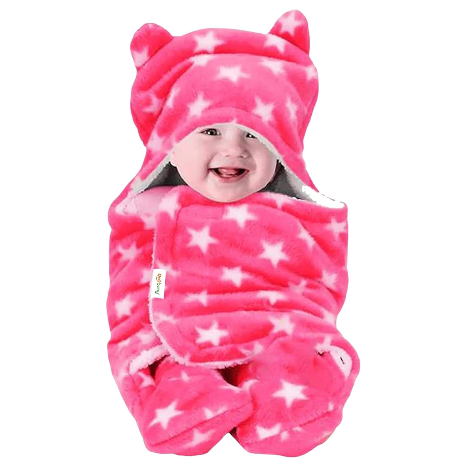 OYO BABY Ultra-Soft Star Print Swaddle Wrap Blanket with Hood & Booties – Pink, 0–6 Months | Cozy Fleece Infant Sleeping Bag, Wearable Baby Blanket & Swaddle Wrapper for Newborns, 72×68 cm