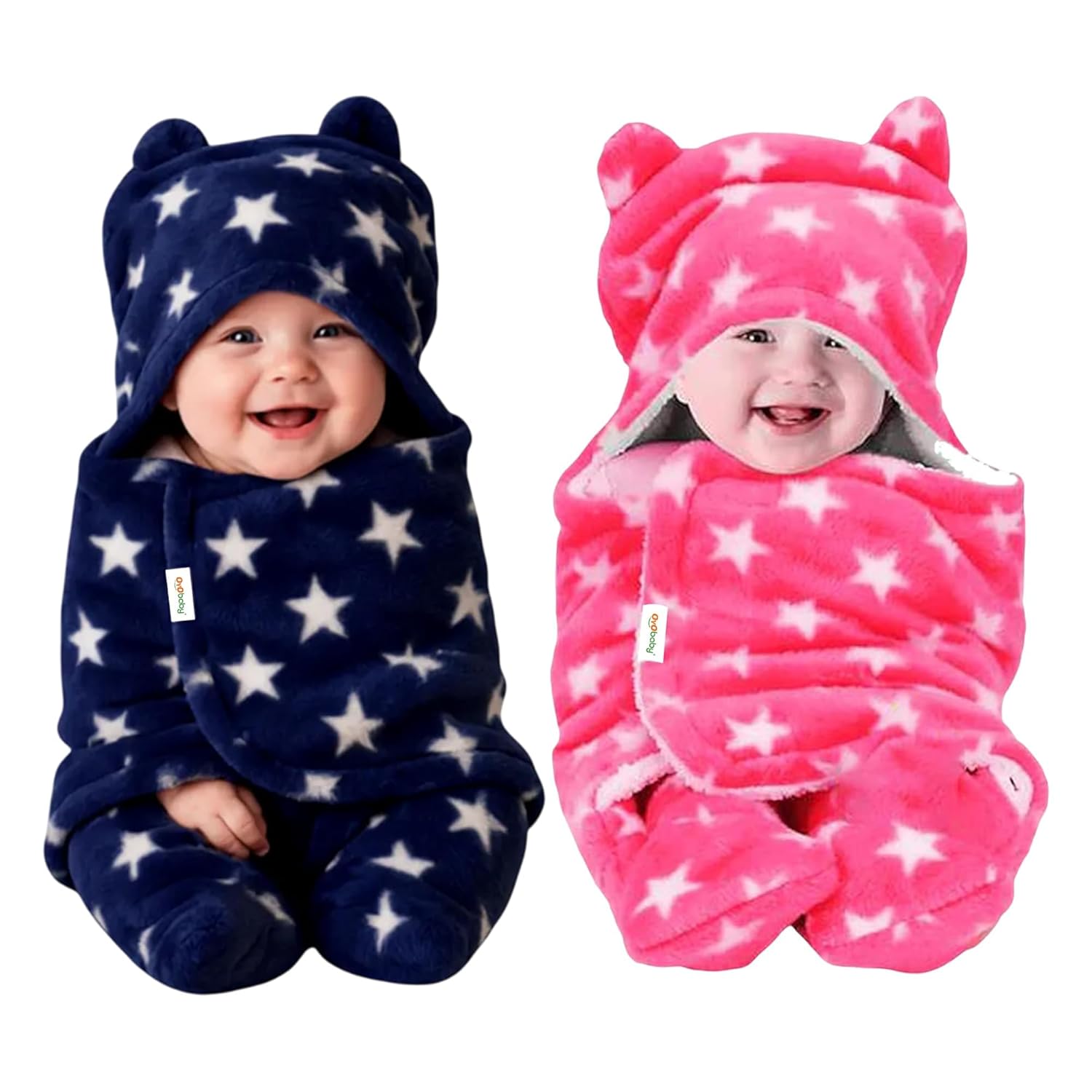 OYO BABY Dark Blue & Pink Star Hooded Baby Blanket – Ultra-Soft Fleece Swaddle with Booties, 0–6 Months | Cozy Infant Sleep Sack, Wearable Wrapper & Nursery Essential, Pack of 2, 72×68 cm