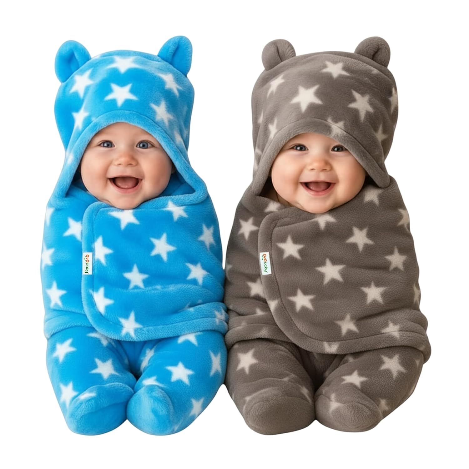 OYO BABY Baby Blanket Newborn Swaddle Wrapper - Ultra Soft Wrap with Hood & Booties, Warm Fleece Sleeping Bag | New Born Baby Essentials, Baby Gift | Star Print, 0-6 Months, 72x68 cm, Grey & Blue