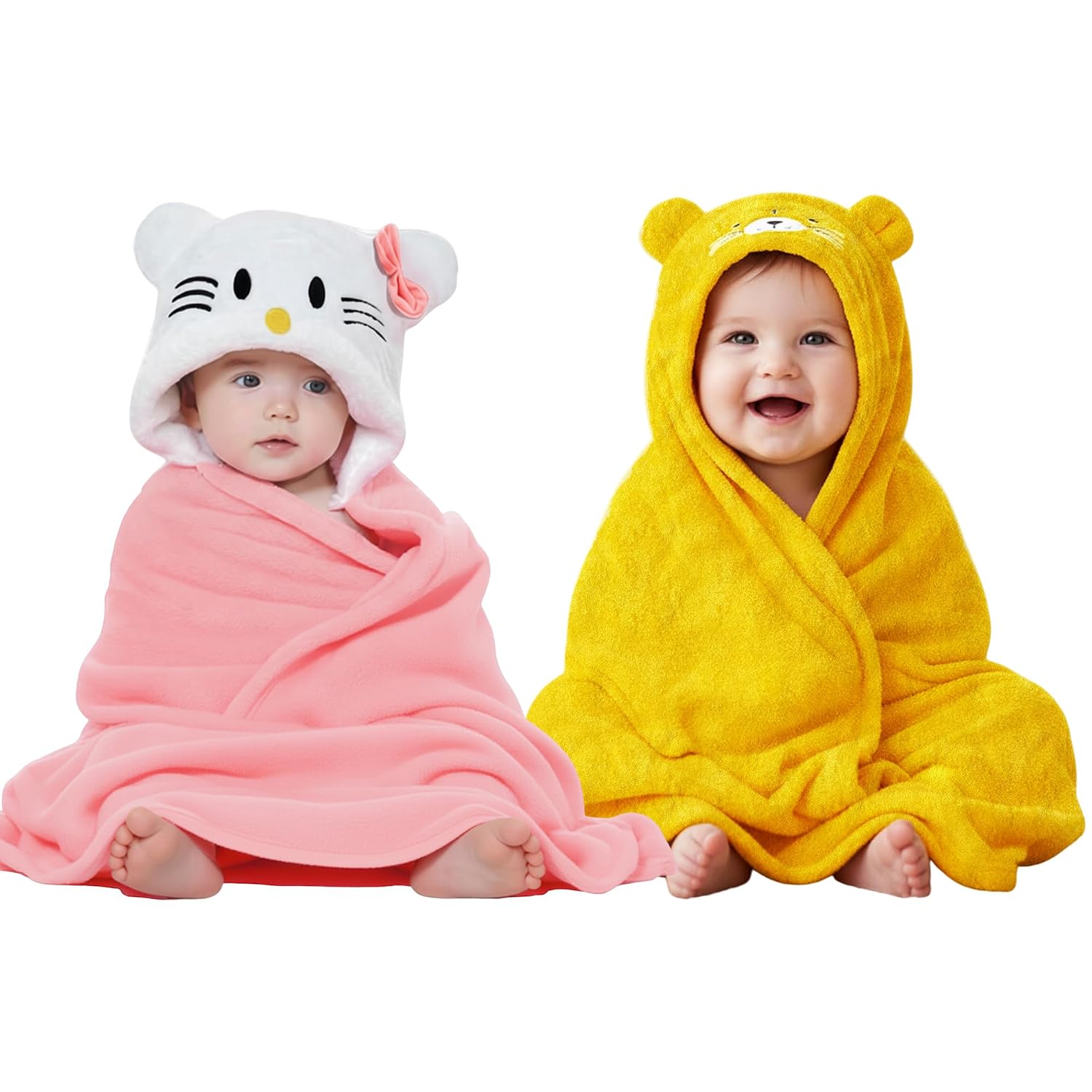 OYO BABY Fleece Newborn Baby Blanket Combo - Blanket for New Born Baby, Baby Wrapper Newborn | Hooded Wrapper, Funny Cap | Baby Gift | 0-12 Months, Pack of 2, Pink Kitty & Yellow Tiger