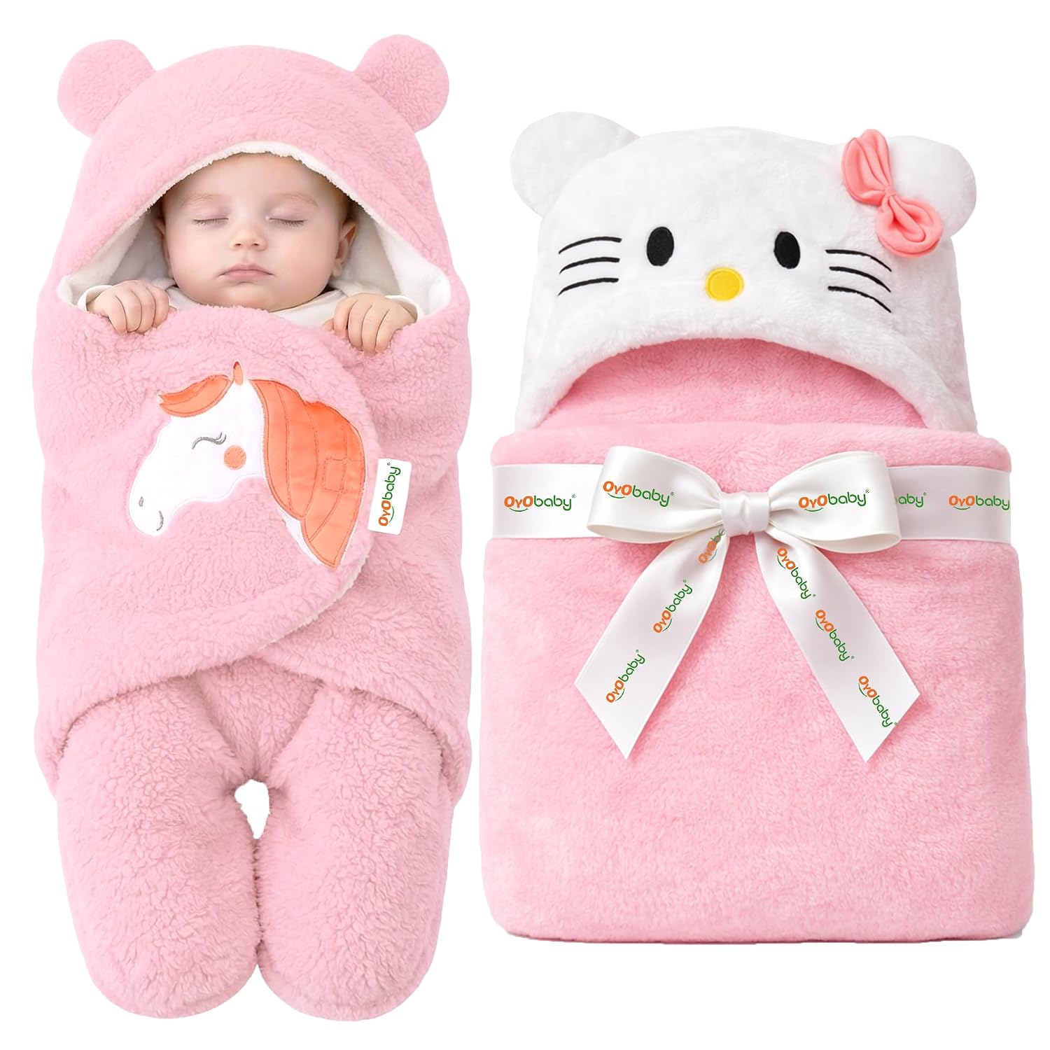 OYO BABY Newborn Blanket Combo Pack | Hooded Sleeping Bag Wrapper & Baby Bath Towel | Soft & Durable Polycotton Fabric | Comfortable in All Seasons | Easy Care | 0–12 Months | Pink Kitty & Unicorn