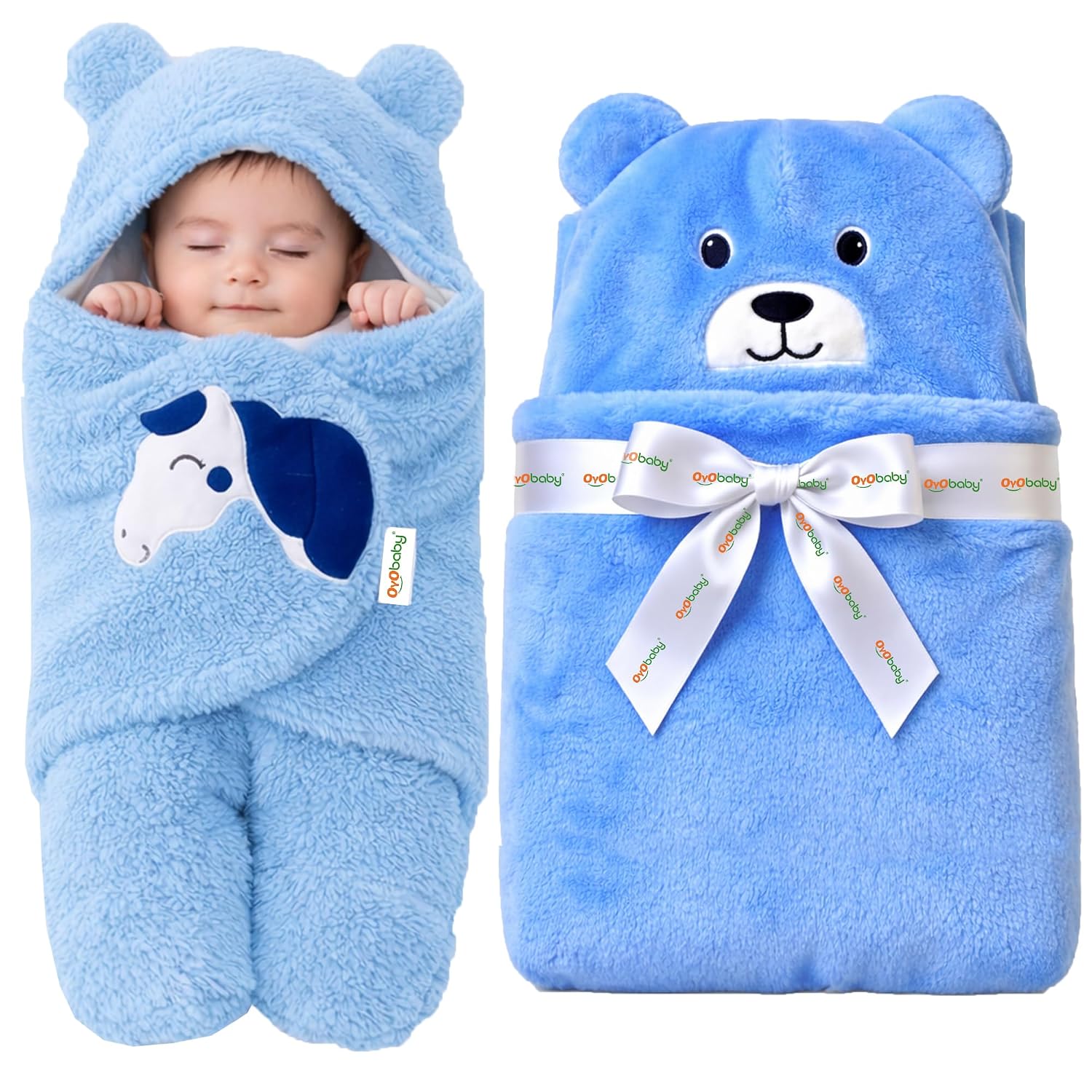 OYO BABY Hooded Sleeping Bag & Baby Blanket | Newborn Blanket Combo Pack of 2 | Microfiber Fleece & Sherpa Fabric | Extra Warm & Skin Friendly | 0–12 Months | Bear & Unicorn