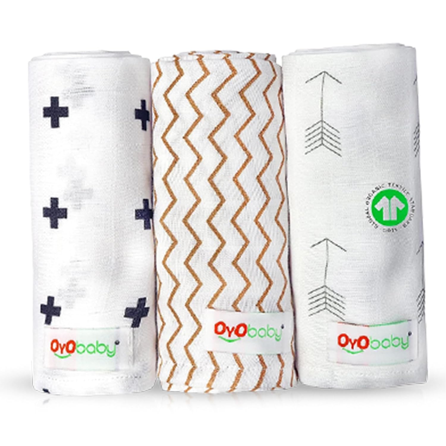 OYO BABY Premium Muslin Cotton Cloth, Baby Washcloths – Extra Soft, Absorbent & Reusable Face Towels for Newborns, Pack of 3 -White | Printed, 100x100cm | 0-18 Months