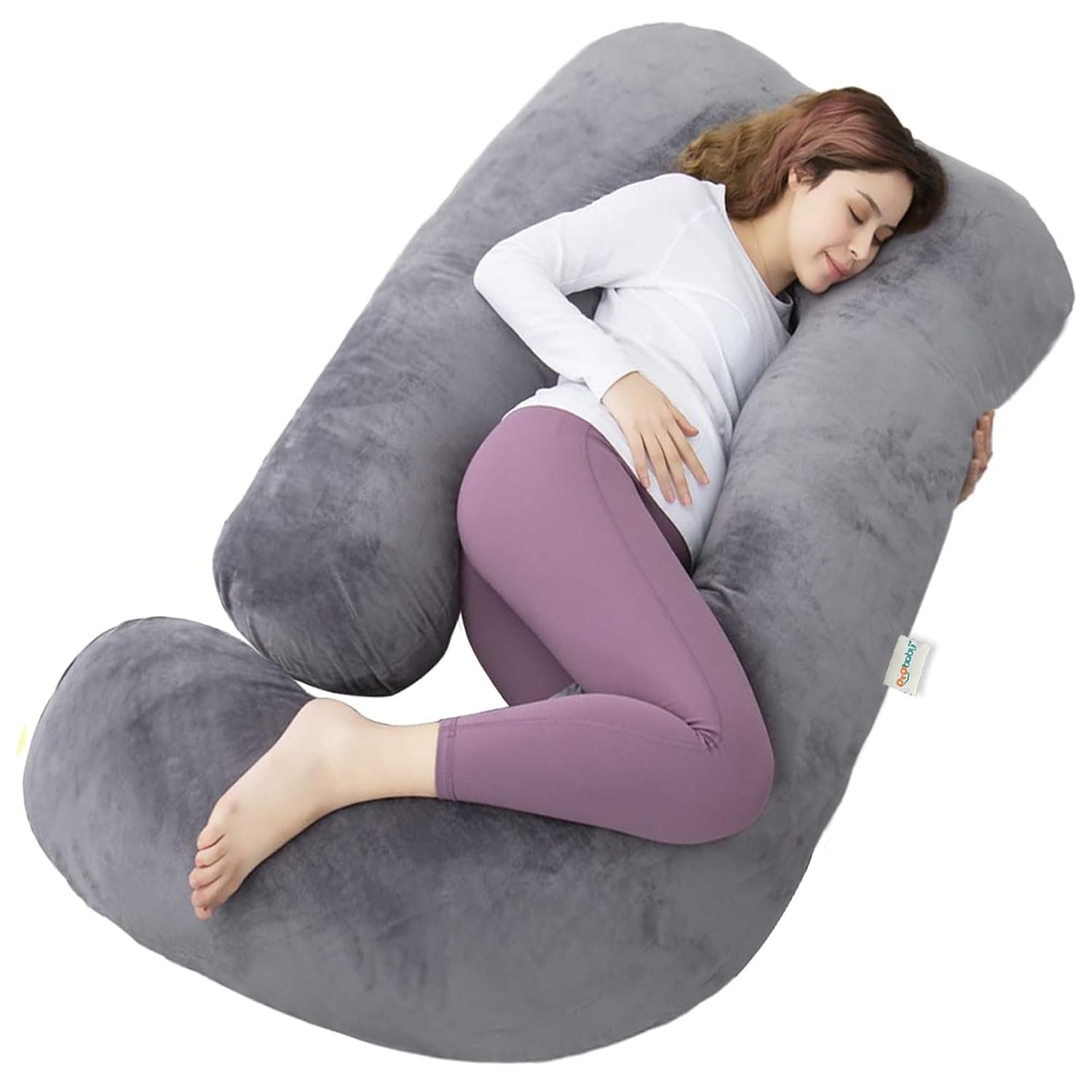 OYO BABY Pregnancy Pillows for Sleeping J-Shape Full Body Pillow and Maternity Support - for Back, Hips, Legs, Belly for Pregnant Women with Removable Washable Velvet Cover (Grey)