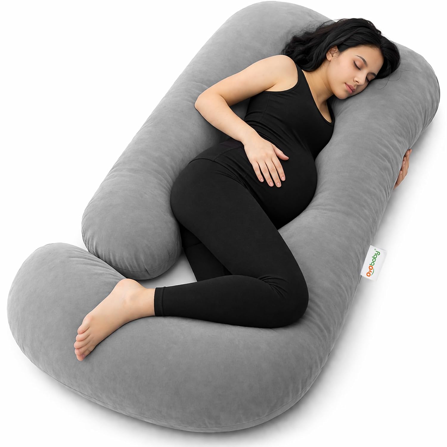 OYO BABY Maternity Pillows J-Shape Full Body Pillow | 360° Maternity Support for Back, Hips, Legs & Belly | Pregnancy Pillows for Women | Removable Washable Velvet Cover (Light Grey)