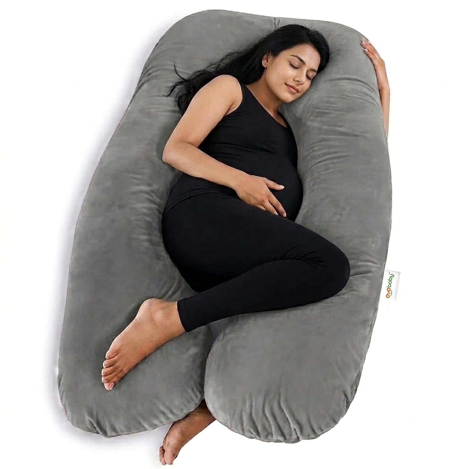 OYO BABY Pregnancy Pillows for Sleeping U-Shape Full Body Pillow | Head-to-Toe Maternity Support for Back, Hips, Legs & Belly | Removable Washable Velvet Cover (Light Grey)