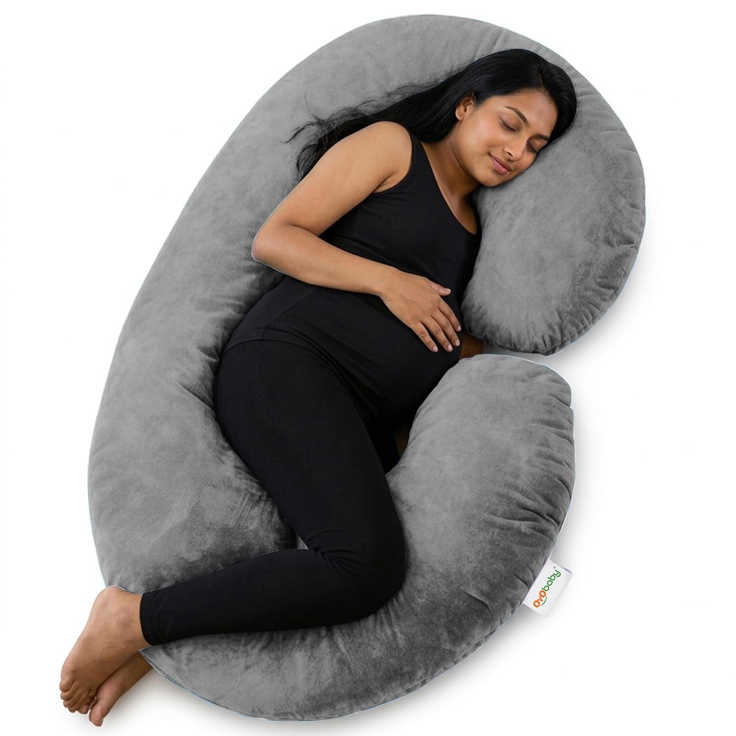 OYO BABY C-Shaped Pregnancy Pillow for Women | Full Body Maternity Support Pillow for Sleeping | Side Sleeper Pillow for Back, Belly, Hips & Legs | Soft Velvet Cover, Removable & Washable (Light Grey)