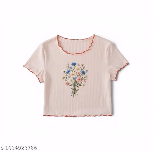 Potter goods latest flowers print crop piko top for girls (Orange piko flower)