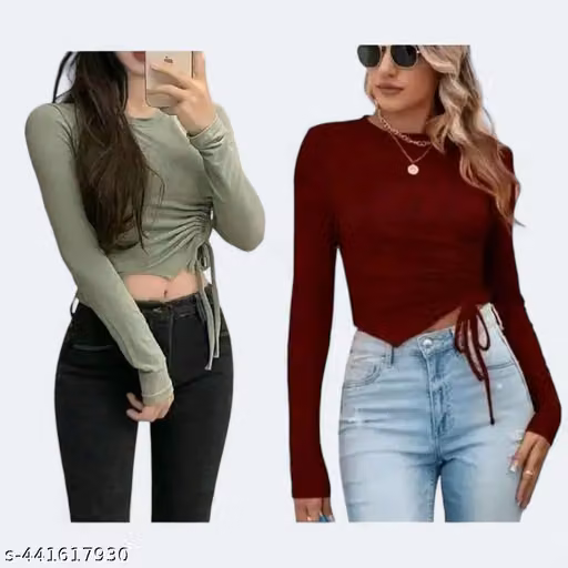 Guest Fashion Letest South Coria Autumn Round Neck Solid Body Disign Long Sleeve Combo Top