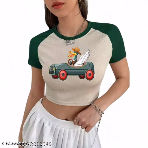 Letest half sleeve duck car print green &skin top .