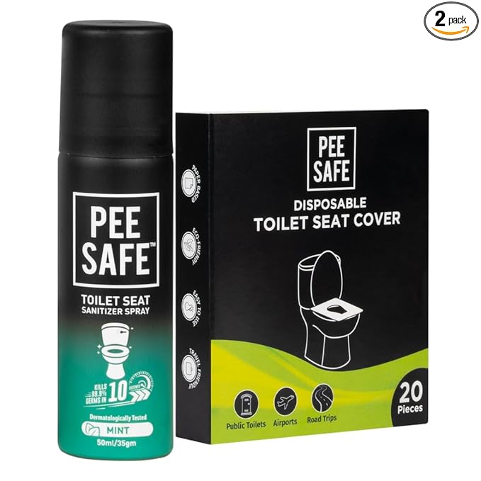 Pee Safe Toilet Seat Sanitizer Mint 50ml & 20 Disposable Toilet Seat Cover
Reduces The Risk Of UTI & Other Infections, Protects From 99.9% Germs in 10 Seconds, Travel Friendly, Anti Odour