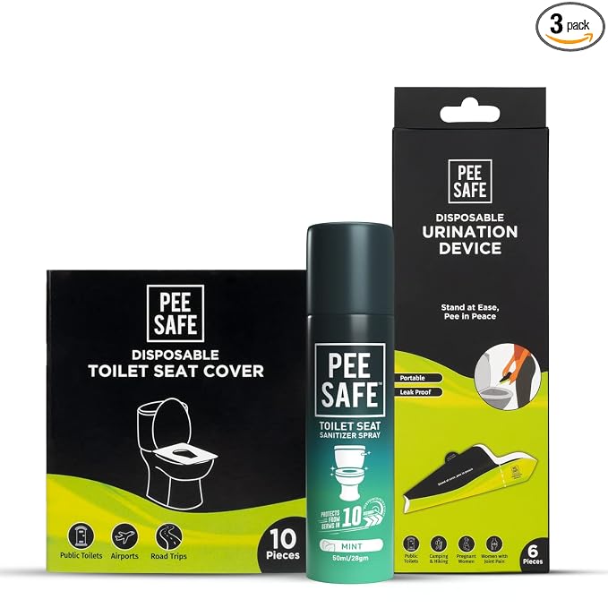 Pee Safe Toilet Hygiene Combo For Women | Toilet Seat Sanitizer Mint (50 ml) With Disposable Female Urination Device (6 Funnels) & Disposable Toilet Seat Cover (10 N) | Travel Friendly Pack