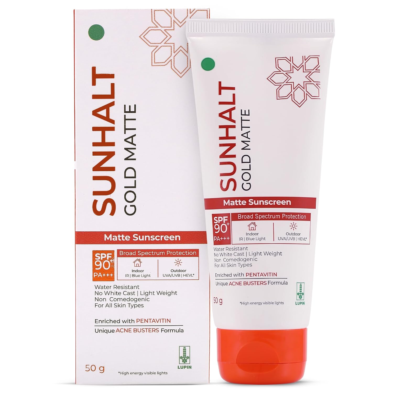 GOLD MATTE Sunscreen SPF 90+ PA+++ for UV/HEVL/IR/Blue Light Broad Spectrum Protection, With Acne Busters, Combats Acne and Oil, Matte Finish, Dermatologically Tested, For All Skin Types, 50g