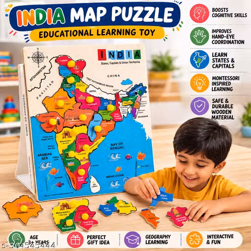 Wooden India Map Puzzle for Kids, Boys, Girls & Students | States & Capitals Educational Geography Learning Board | Montessori Wooden Knob Puzzle | India Political Map Learning Game | Preschool, Kindergarten & School Educational Toy Age 3+ Years