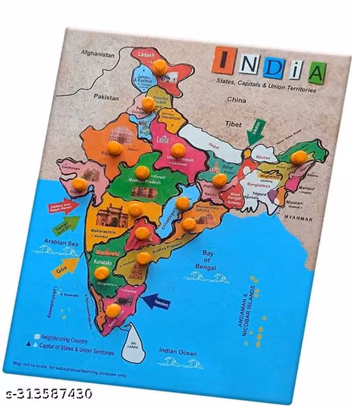 Learning Wooden India Map Puzzle Educational Board for Kids | States & Capitals Geography Learning Toy | Montessori Wooden Knob Puzzle | India Political Map Educational Activity | Preschool, Kindergarten & School Learning Gift for Boys & Girls Age 3+ Year