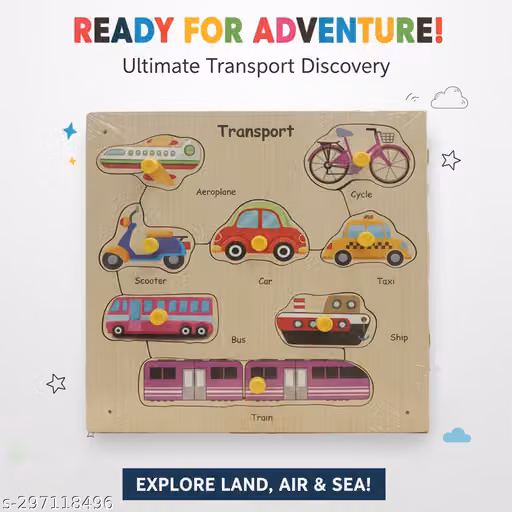 Top Selling Educational Transport Learning Puzzle Board for Children | Wooden Vehicle Matching Puzzle Toy Featuring Car, Bus, Train, Airplane & More | Montessori Preschool Learning Game, Brain Development Activity, Shape Recognition, Problem Solving Skill