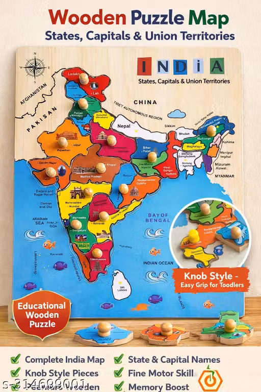 India Map with Pictures Puzzle for Kids | Educational Learning Game Board | States & Capitals, Famous Monuments Geography Puzzle | Montessori Wooden Knob Puzzle Toy | India Political Map Board for Preschool, Kindergarten & School | Gift for Boys & Girls A