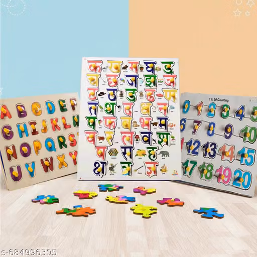 Wooden 3D Capital Alphabet, Hindi Varnamala & 0–20 Number Board Puzzle Set | Montessori Educational Learning Toy for Kids | Preschool Wooden Peg Puzzle | Early Learning Board for Letter Recognition, Number Counting, Fine Motor Skills & Brain Development |