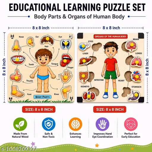 Montessori Wooden Human Body Puzzle Set for Kids Age 4-8 Years | Educational Body Parts & Organs Matching Board | Wooden Peg Learning Puzzle | STEM Educational Toy | Brain Development | Classroom & Homeschool Learning | Safe Natural Wood Gift for Boys & G