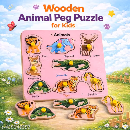 Pre-School Animal Wooden Puzzle for Kids | Montessori Educational Learning Board | Animal Matching Puzzle Toy | Preschool Brain Development Activity | Birthday Gift for Boys & Girls Age 2-5 Years