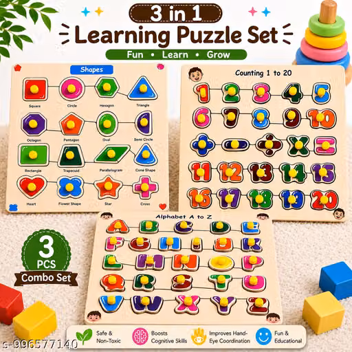 3 PCS Wooden Learning Puzzle Combo for Kids | Alphabet A-Z, Counting Numbers 1-20 & Shapes Educational Wooden Board | Montessori Preschool Learning Toy | Shape Matching, ABC, Number Recognition | Brain Development Gift for Boys & Girls Age 2-5 Years