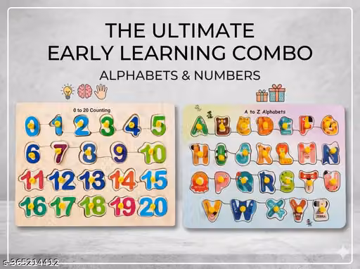 2-in-1 Combo ABCD & 0–20 Puzzle Learning Board for Kids | Montessori Wooden Alphabet & Number Educational Board | Preschool Wooden Peg Puzzle | Early Learning Activity Toy | Develops Letter Recognition, Counting Skills, Fine Motor Skills, Memory & Cogniti