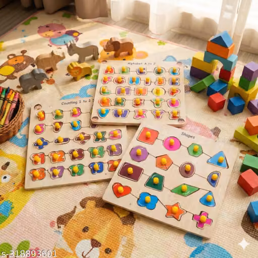 3-Piece Wooden Peg Puzzle Set for Kids | Alphabet A-Z, Numbers 1-20 & Shapes Learning Boards | Montessori Educational Learning Toy | Preschool Kindergarten Activity | Fine Motor Skills, Memory & Brain Development | Age 3+