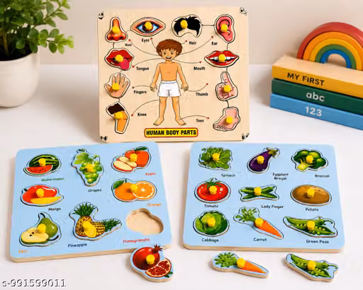 Montessori Wooden Puzzle Board Combo Pack | Human Body Parts, Fruits & Vegetables Educational Peg Puzzles for Kids | Preschool Learning Toy for Toddlers Age 3-6 Years | Fine Motor Skills, Vocabulary Building, Sensory Learning & School Readiness Gift