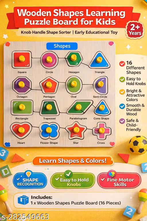 Wooden Shapes Puzzle Board for Kids Age 3+ Years | Montessori Educational Learning Toy for Preschool, Playgroup & Nursery Children | Shape Recognition Matching Puzzle Game | Early Learning Activity for Fine Motor Skills, Hand Eye Coordination, Cognitive D