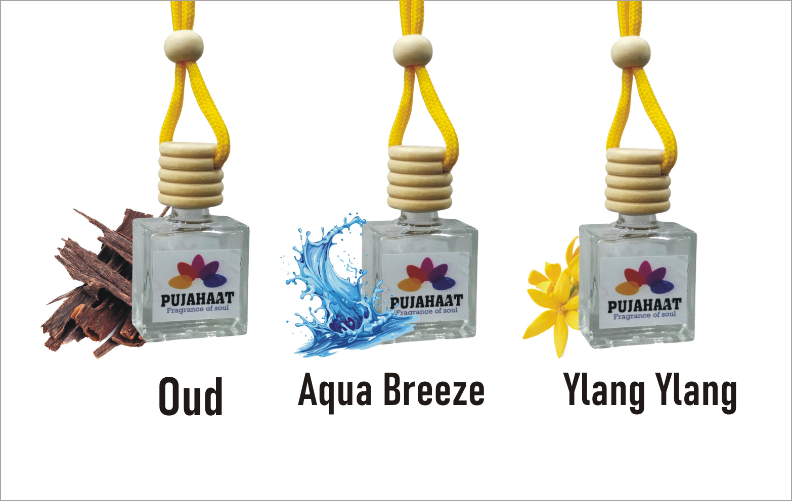 Pujahaat Car Perfume 3 pcs Combo Hanging Pod 10ml Premium Fragrance | High Diffusion with Premium Fragrance Oils with Wooden Diffuser Lid | Long Lasting | Lasts Up to 45 Days - Oudh, Aqua Breeze, Ylang Ylang