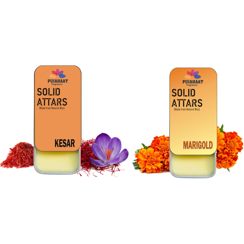Pujahaat Marigold | Kesar Combo Premium Fragrance | Solid Attar for Men & Women | Alcohol Free | Strong lasting fragrance - Marigold | Kesar
