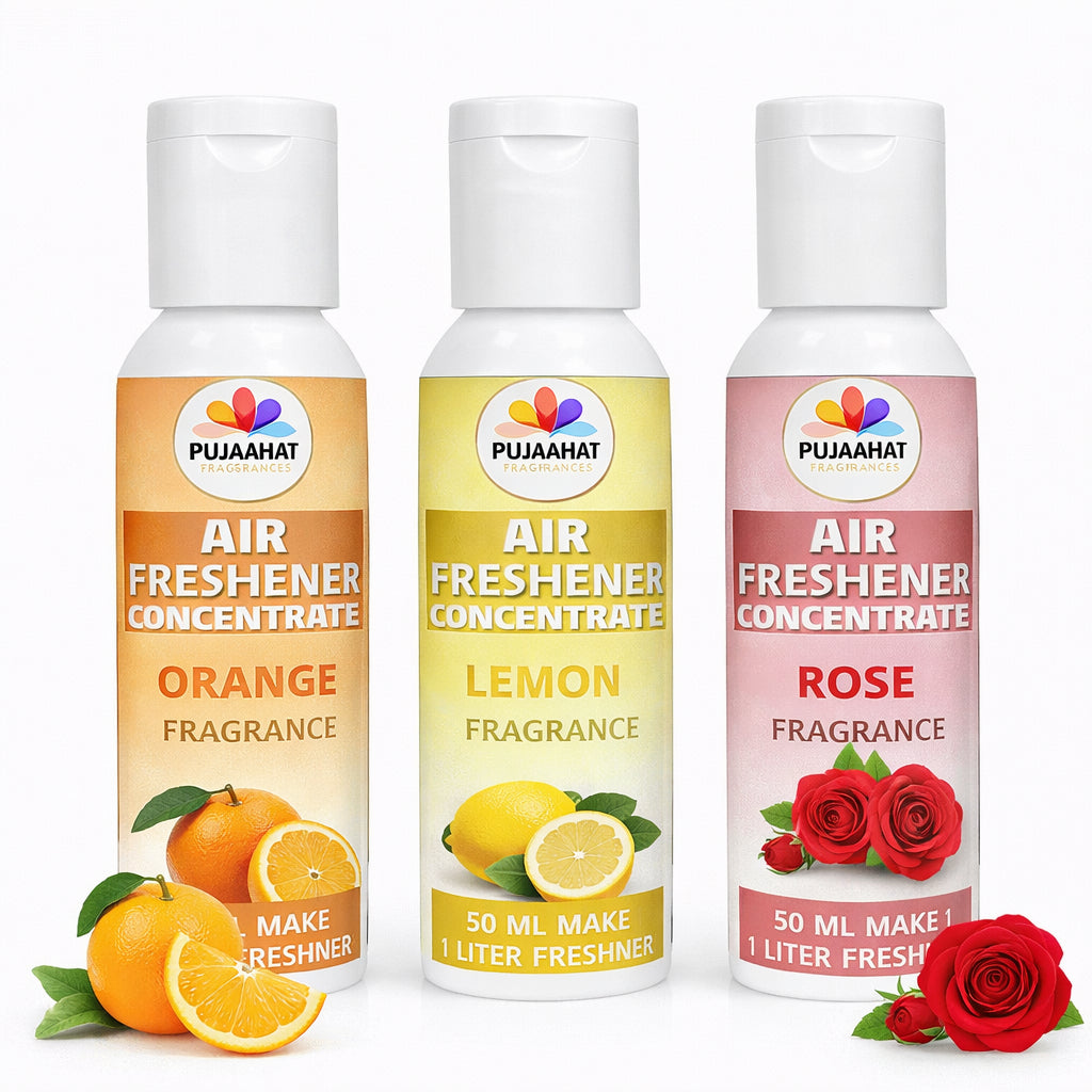 Orange, Lemon, Rose Air Freshener Concentrate Set of 3 (50ml Each) Makes 1 Liter Each | Long Lasting Room Freshener Liquid | Fragrance Combo for Home, Office, Car | Alcohol-Free Premium Fragrance by Pujahaat