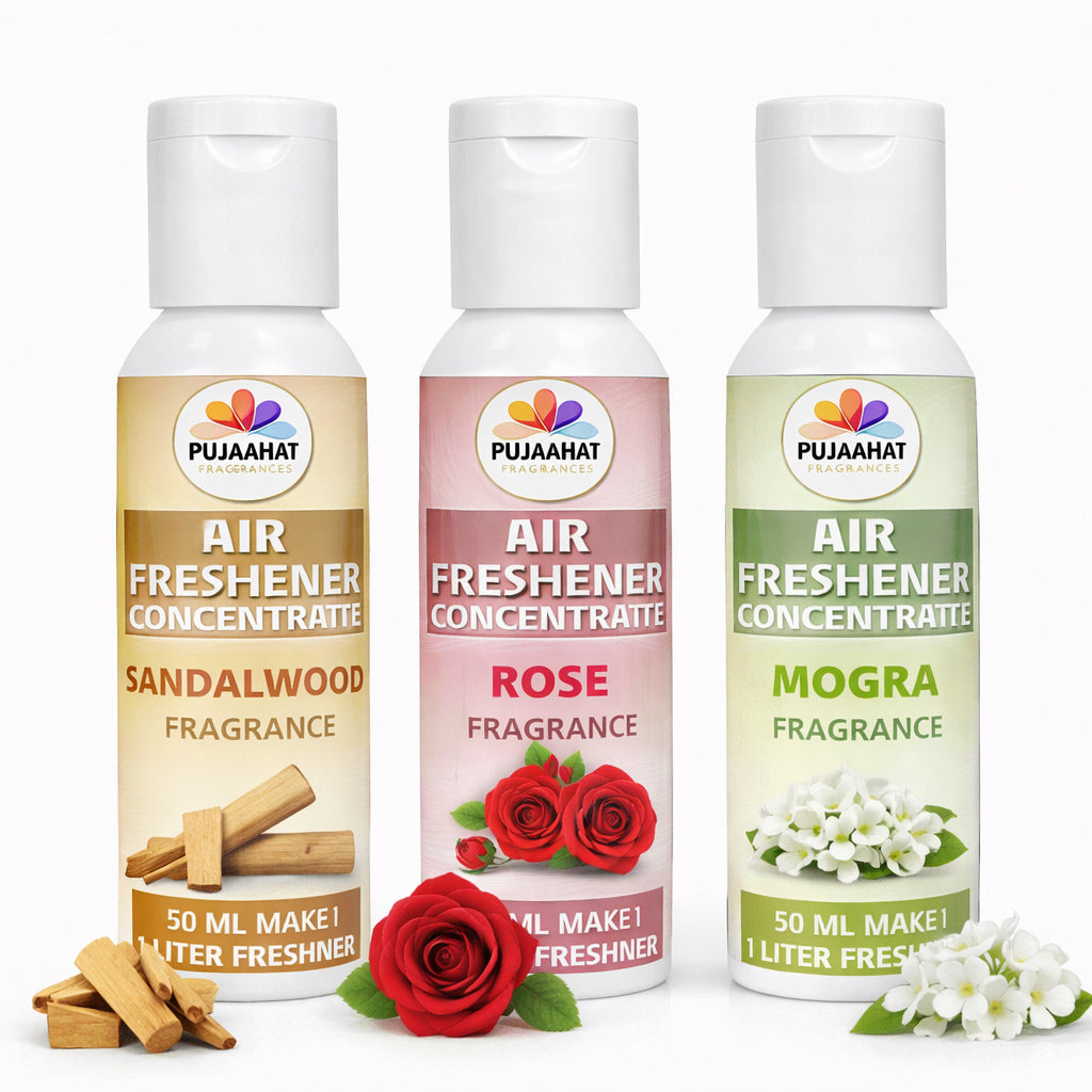 Sandalwood, Rose, Mogra Air Freshener Concentrate Set of 3 (50ml Each) Makes 1 Liter Each | Long Lasting Room Freshener Liquid | Fragrance Combo for Home, Office, Car | Alcohol-Free Premium Fragrance by Pujahaat
