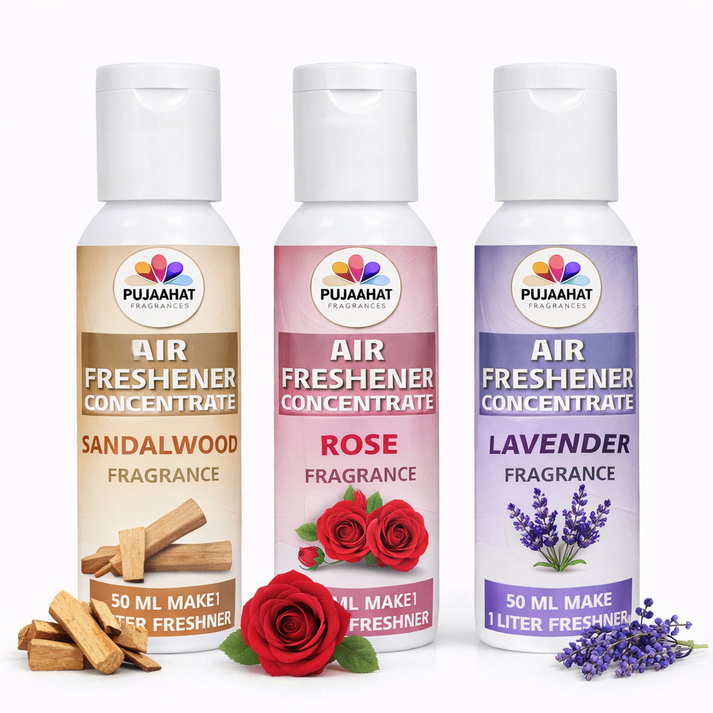 Sandalwood, Rose, Lavender Air Freshener Concentrate Set of 3 (50ml Each) Makes 1 Liter Each | Long Lasting Room Freshener Liquid | Fragrance Combo for Home, Office, Car | Alcohol-Free Premium Fragrance by Pujahaat