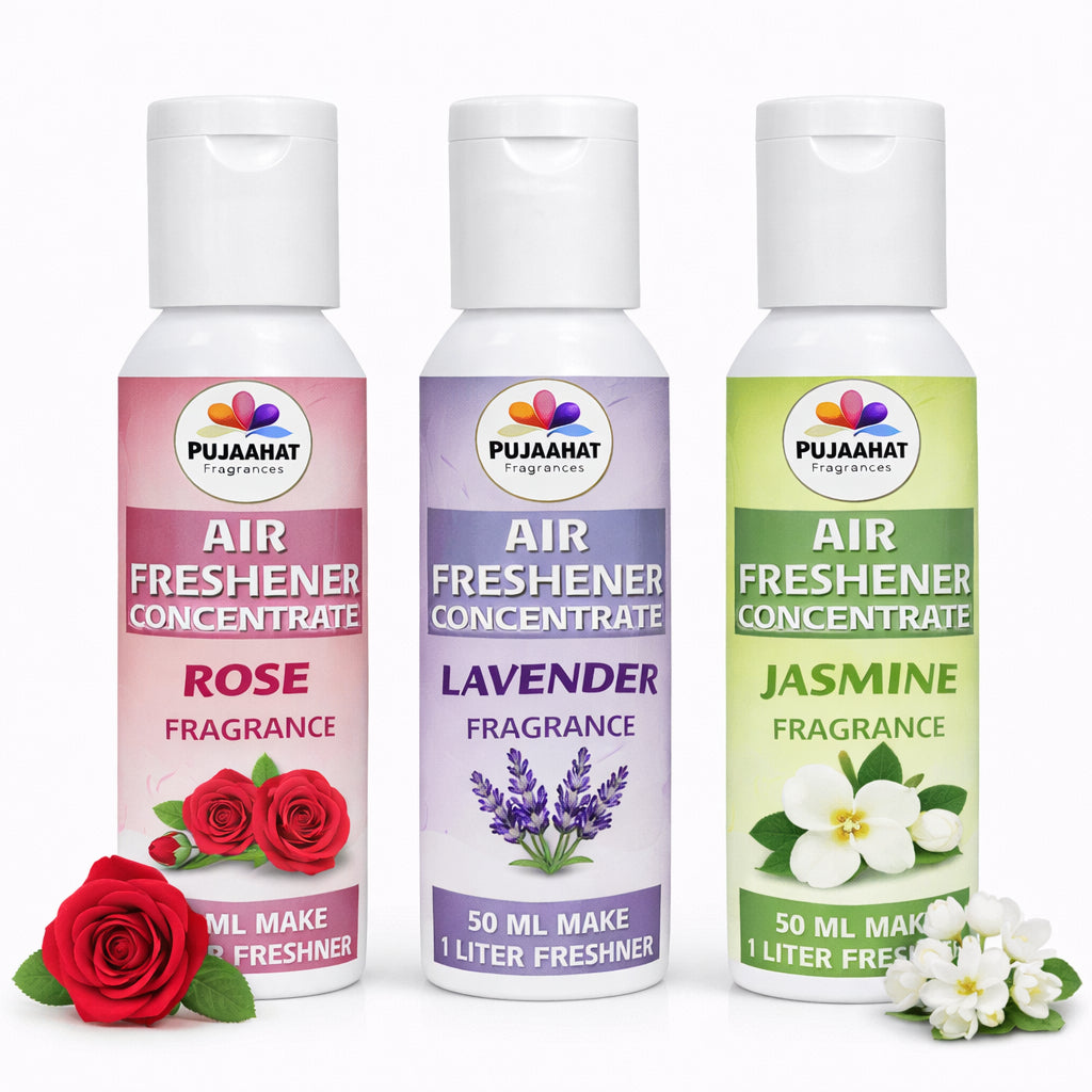Rose, Lavender, Jasmine Air Freshener Concentrate Set of 3 (50ml Each) Makes 1 Liter Each | Long Lasting Room Freshener Liquid | Fragrance Combo for Home, Office, Car | Alcohol-Free Premium Fragrance by Pujahaat