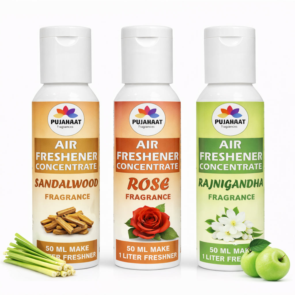 Sandalwood, Rose, Rajnigandha Air Freshener Concentrate Set of 3 (50ml Each) Makes 1 Liter Each | Long Lasting Room Freshener Liquid | Fragrance Combo for Home, Office, Car | Alcohol-Free Premium Fragrance by Pujahaat