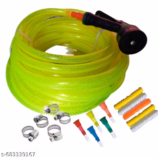 12 MTR PVC braided garden hose water pipe with spray gun with 5 nozzle 5 cilamp 5 jointer