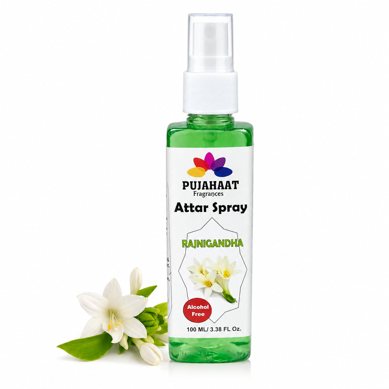 Rajnigandha Attar Spray by Pujahaat | 100ml Non Alcoholic Spray | Religious Mist | Air Freshener, Room Mist, Fabric & Linen Spray | Perfect for Prayers Rooms, Living Room, sofas, curtains, car