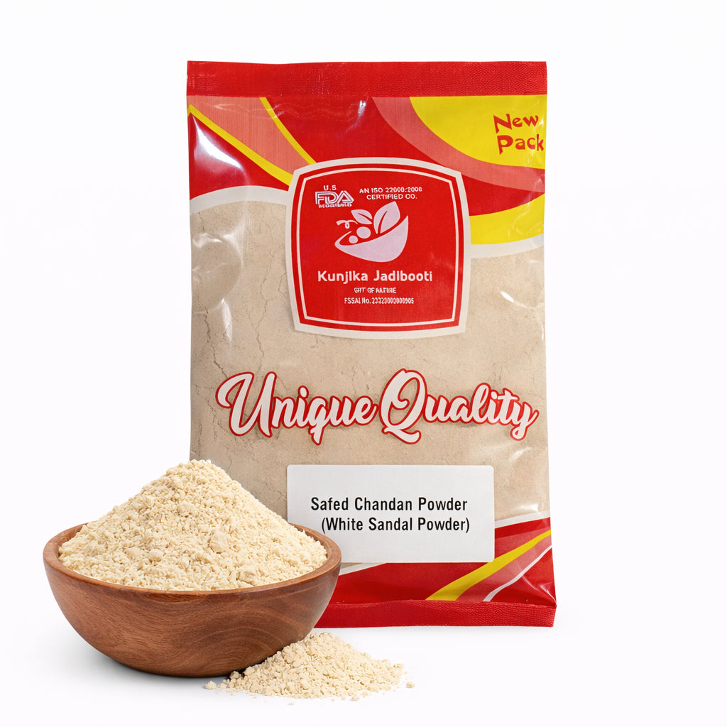Kunjika Jadibooti Pure White Chandan Powder | White Sandalwood | Safed Chandan for Skin Whitening, Pooja | Chandan Powder For Face Pack | For Facial Uses - 100 gm