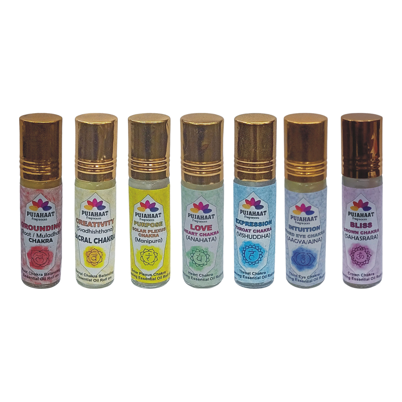 Pujahaat 7 Chakra Healing & Balancing Essential Oils Blend Roll-on | 6ML x 7 | Pure & Natural | Gift set for Meditation, Chakra Balancing, Reiki healing, Yoga, Relaxation, Aromatherapy (Combo Set of 7 Chakra Roll-on, 1 Set of 7)