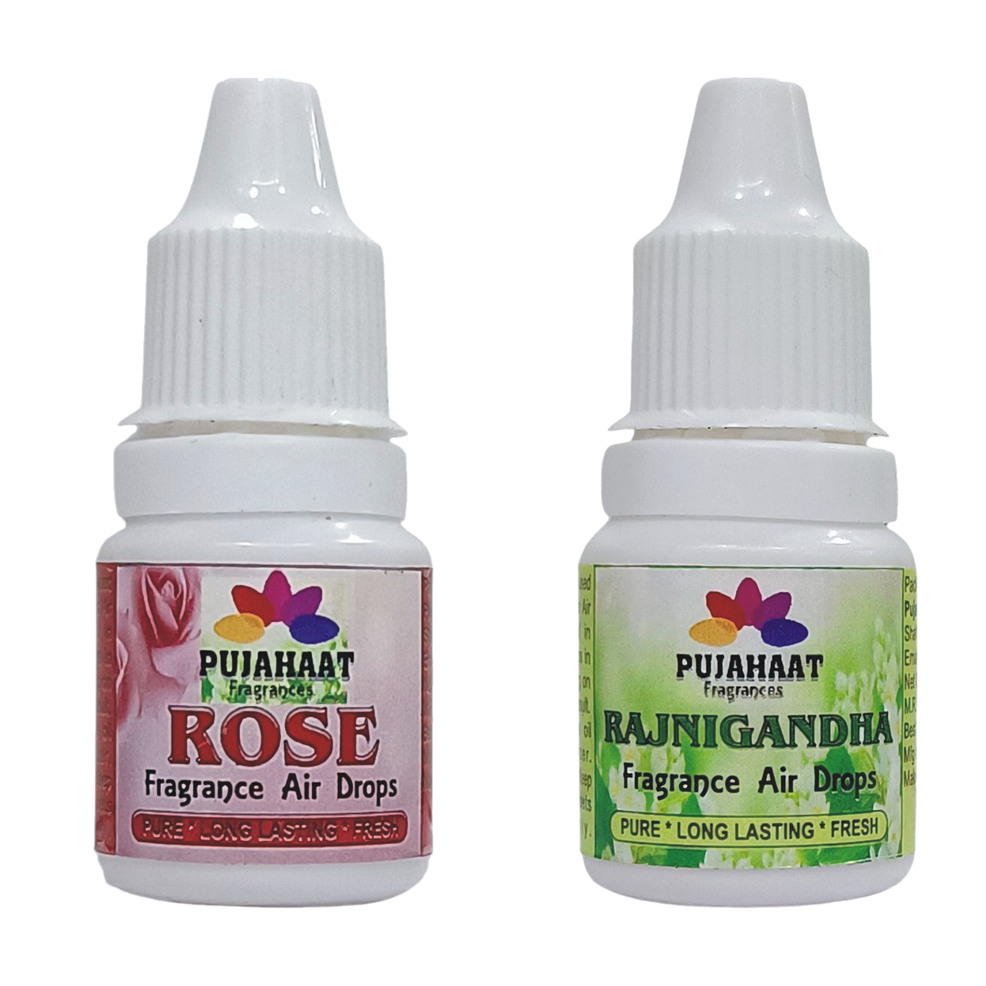 Pujahaat Premium Rose, Rajnigandha Fragrance Air drops Air freshener for room, bathroom, toilet, car, wardrobes -Pack of 2 (2 x 5ml)