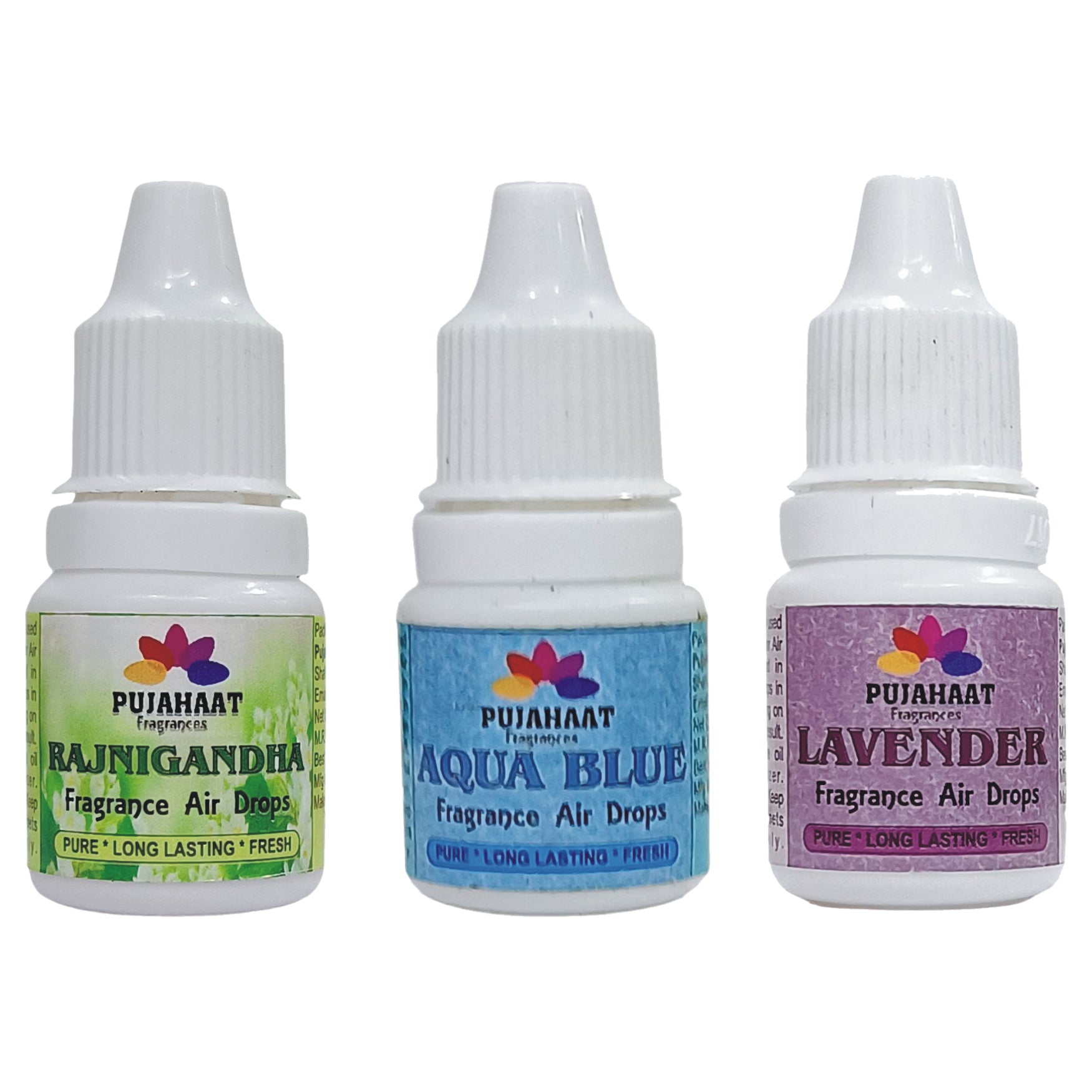 Pujahaat Premium Rajnigandha, Lavender, Aqua Blue Fragrance Air drops Air freshener for room, bathroom, toilet, car, wardrobes -Pack of 3 (3 x 5ml)