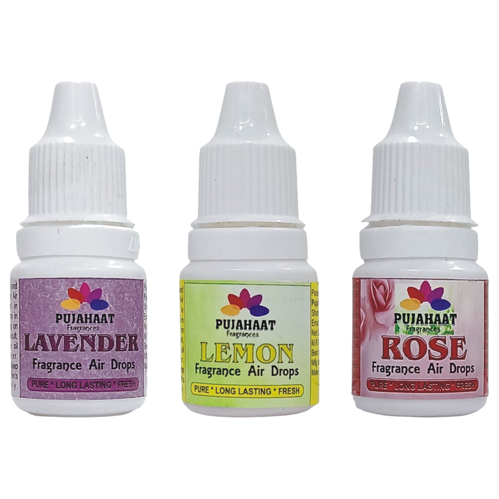 Pujahaat Premium Lavender, Rose, Lemon Fragrance Air drops Air freshener for room, bathroom, toilet, car, wardrobes -Pack of 3 (3 x 5ml)