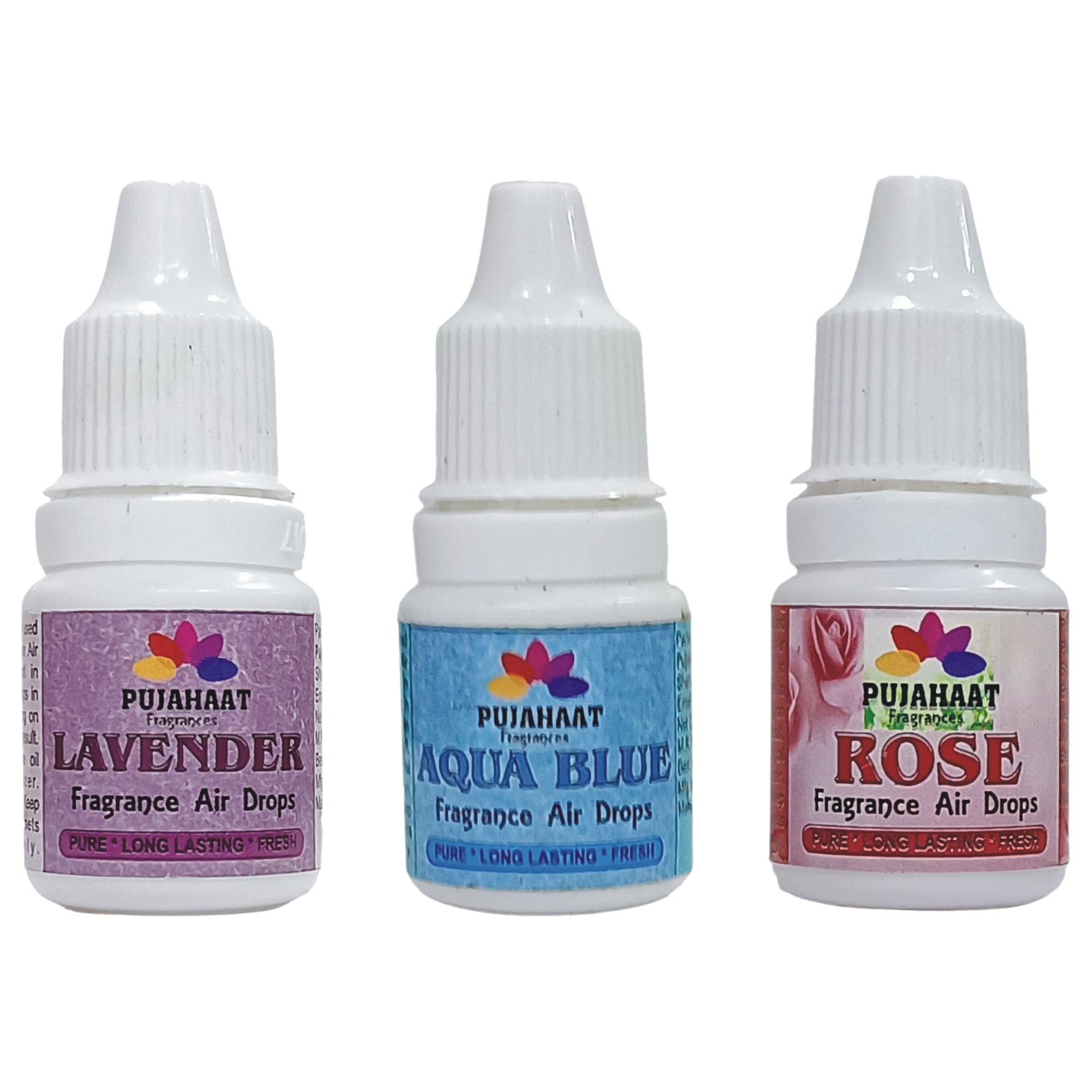 Pujahaat Premium Lavender, Rose, Aqua Blue Fragrance Air drops Air freshener for room, bathroom, toilet, car, wardrobes -Pack of 3 (3 x 5ml)
